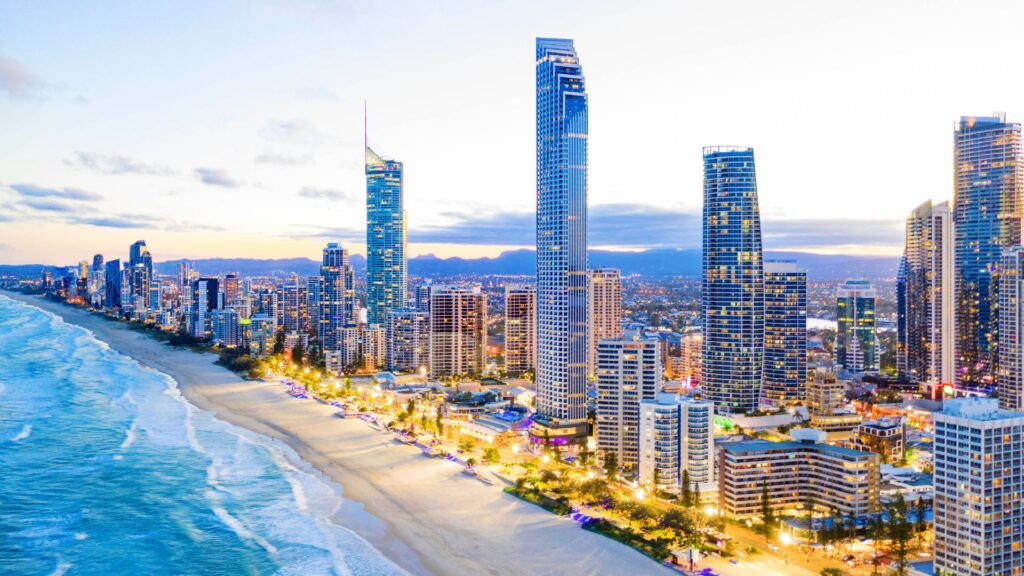 Modern cityscape of Sydney with Australian flag and text highlighting “No Points, No Sponsorship, No Age Limit” for the Global Talent Visa 858.