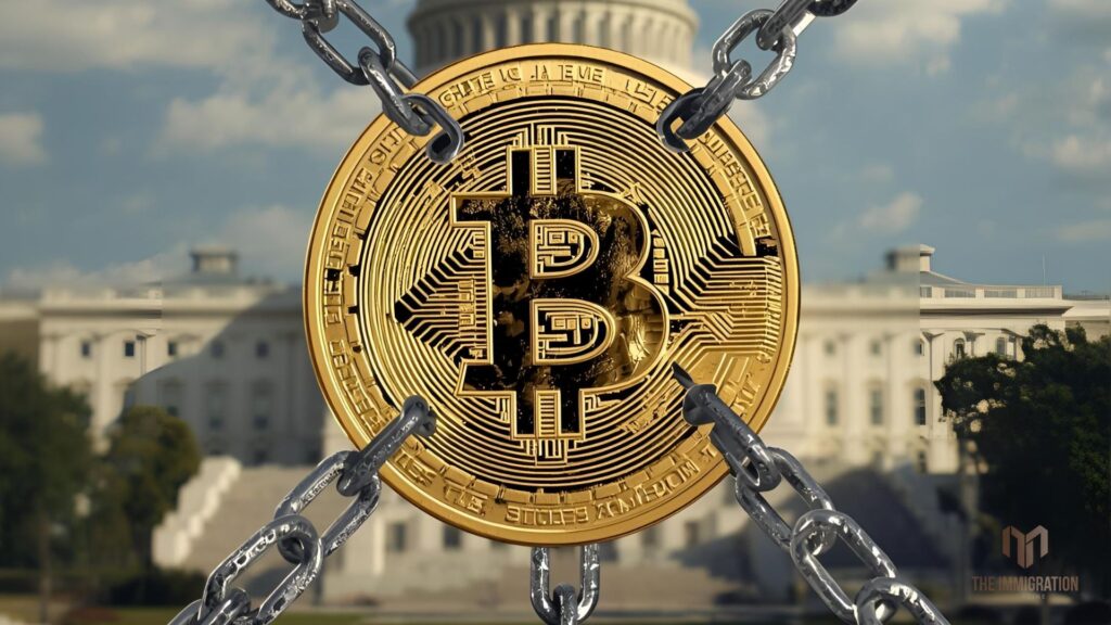 Bitcoin coin in chains in front of a government building, symbolizing regulatory challenges for crypto investors.