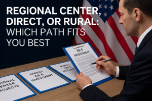 EB-5 investor reviewing Regional Center, Direct, and Rural project options before 2026 deadline.