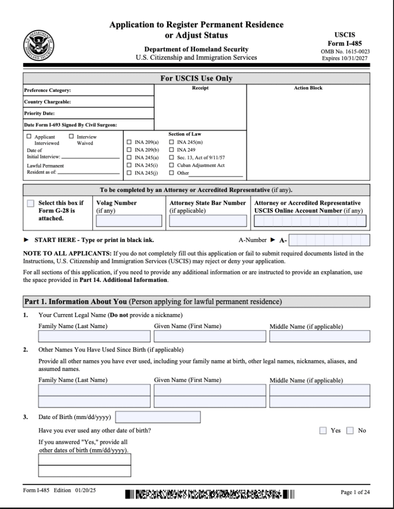 Form I-485 Application to Register Permanent Residence for EB-3 Visa