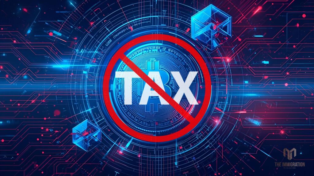 Digital blockchain background with Bitcoin and a “No Tax” symbol representing global crypto tax havens in 2025.