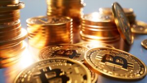 Stacks of golden Bitcoin coins representing global wealth in zero-tax crypto countries.