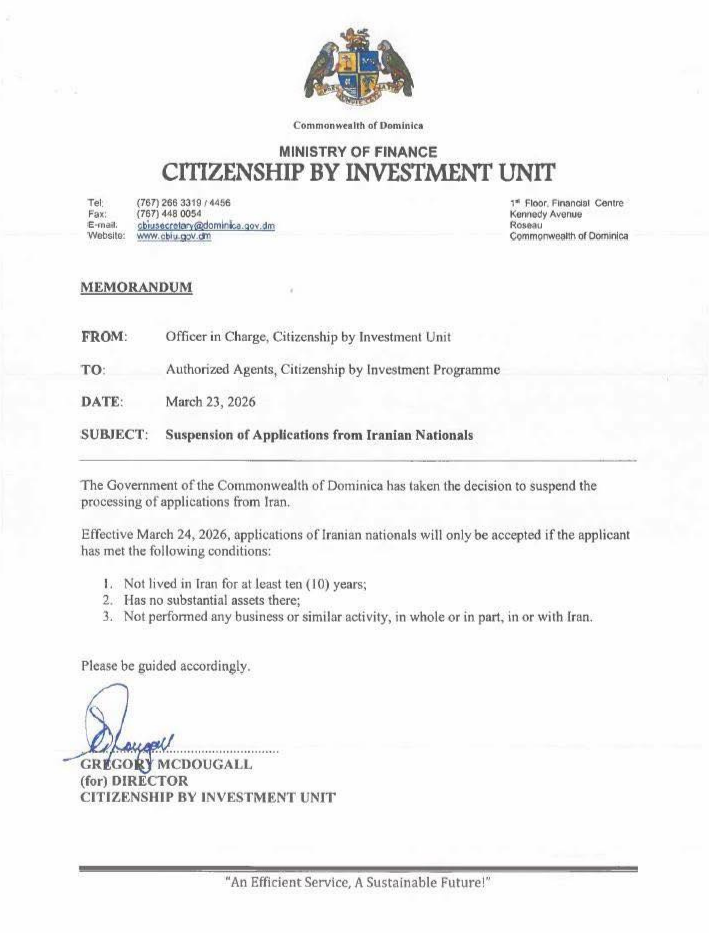 Dominica CBI Iranian suspension