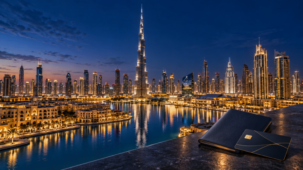 Dubai’s skyline featuring the Burj Khalifa at dusk with a passport and bank card in the foreground.