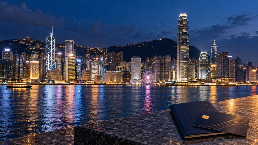 Hong Kong’s Victoria Harbour skyline at dusk with a passport and bank card in the foreground.
