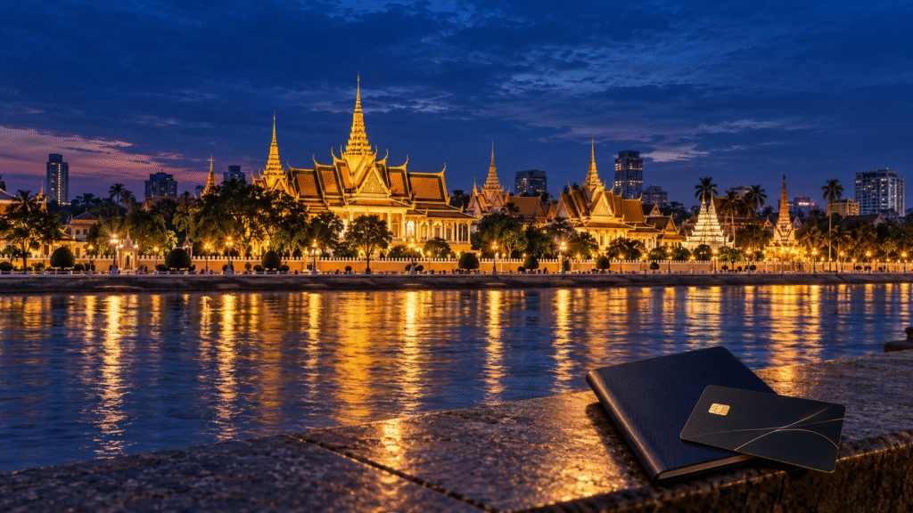 Phnom Penh’s Royal Palace illuminated at dusk with a passport and bank card beside the waterfront.