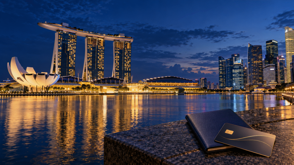 Singapore’s Marina Bay Sands and waterfront at dusk with a passport and bank card.