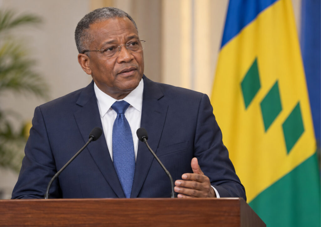 Prime Minister Godwin Friday speaking at an official event in Saint Vincent and the Grenadines.